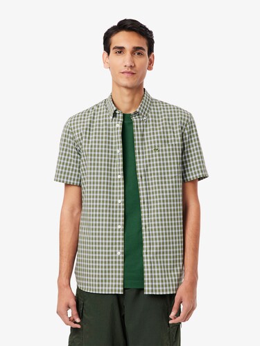 Lacoste Men Green Short Sleeved Buttoned Collar Checked Shirt