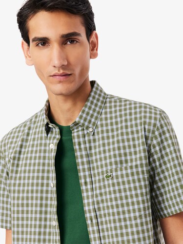 Lacoste Men Green Short Sleeved Buttoned Collar Checked Shirt
