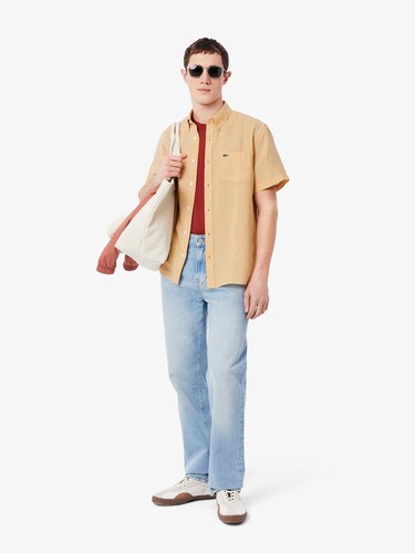 Lacoste Men Beige Short Sleeved Linen Shirt