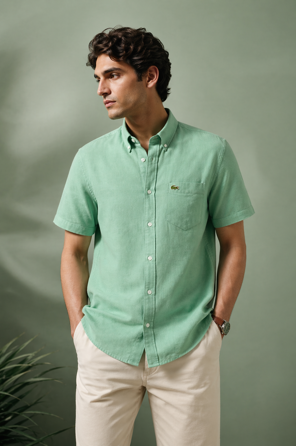 Lacoste Men Green Short Sleeved Linen Shirt