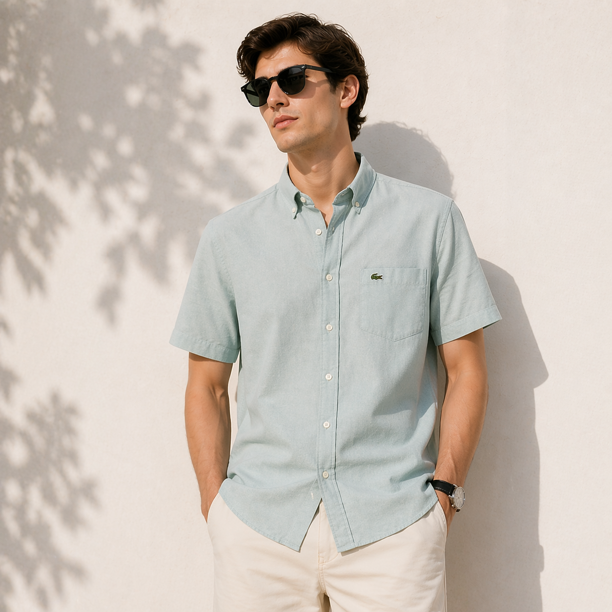 Lacoste Men White Regular Fit Short Sleeved Oxford Shirt