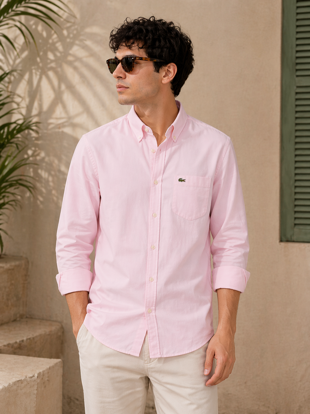 Lacoste Men Pink Regular Fit Gingham Poplin Shirt