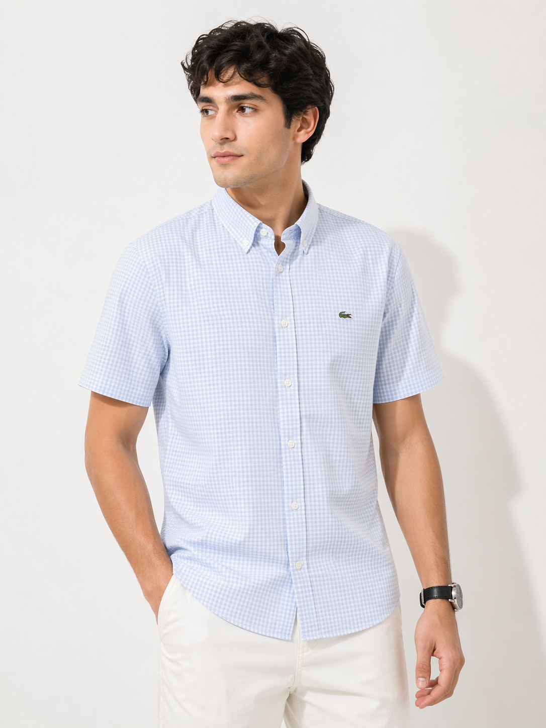 Lacoste Men White Regular Fit Short Sleeved Plaid Shirt