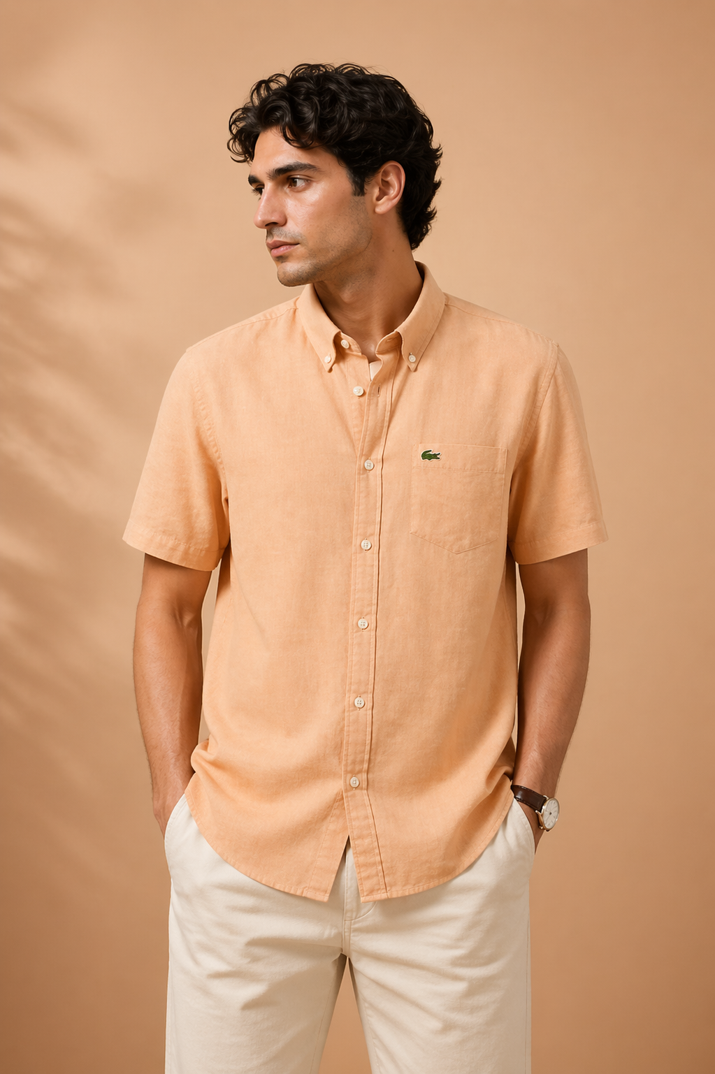 Lacoste Men Beige Short Sleeved Linen Shirt