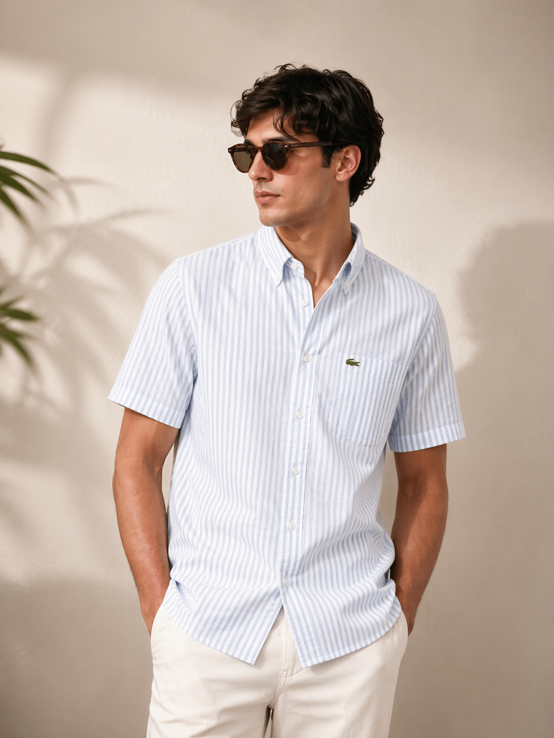 Lacoste Men Blue Regular Fit Short Sleeved Linen Shirt